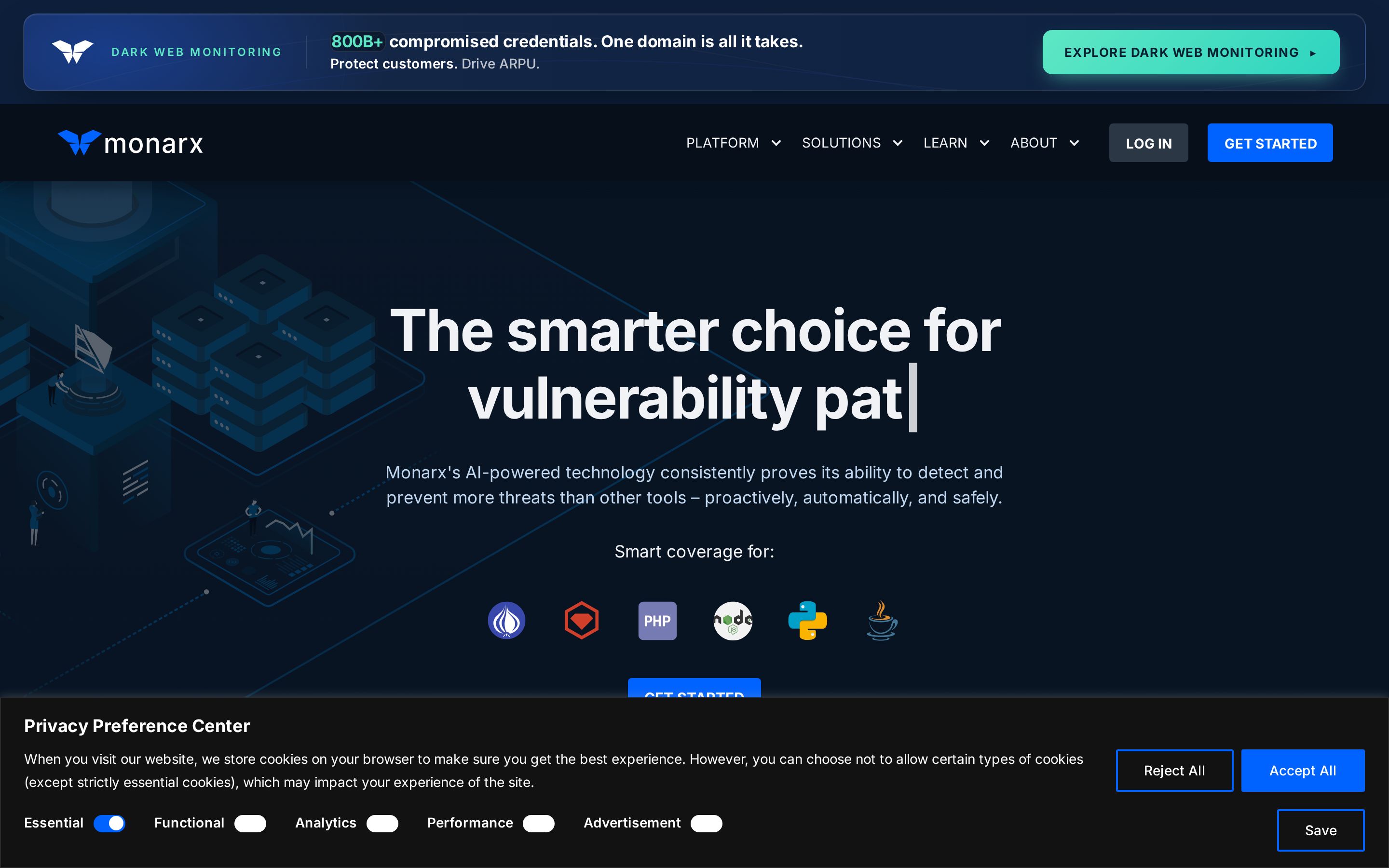 Monarx website, desktop view